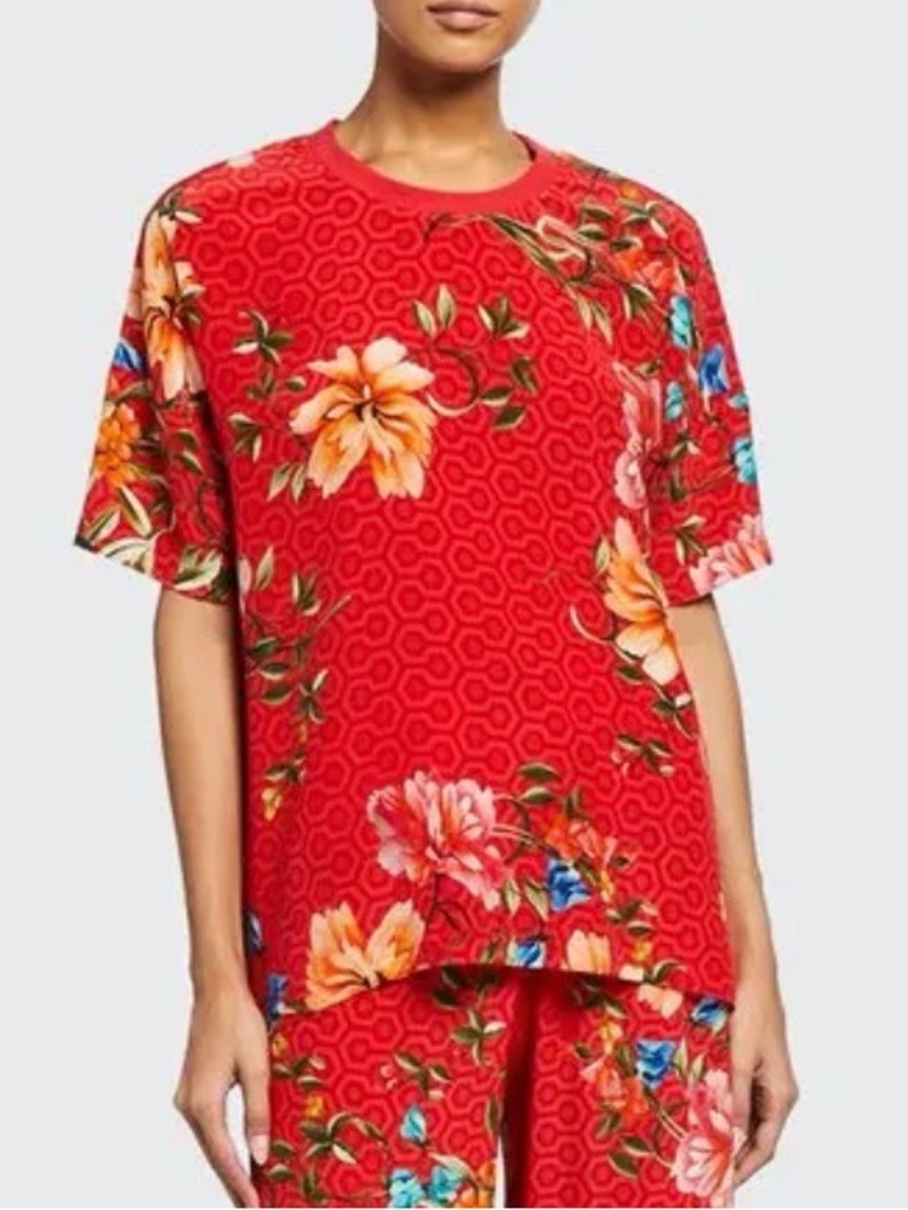 Johnny Was 100% Silk Floral Geometric Short Sleeve Tee Top Red XS
